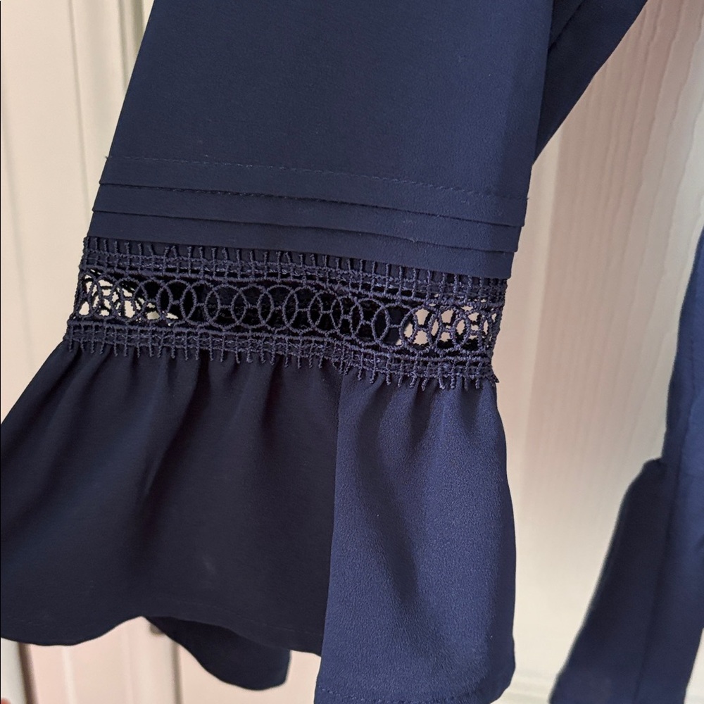 Navy Ruffle-Hem Blouse with Lace Trim - - Picture 4 of 6